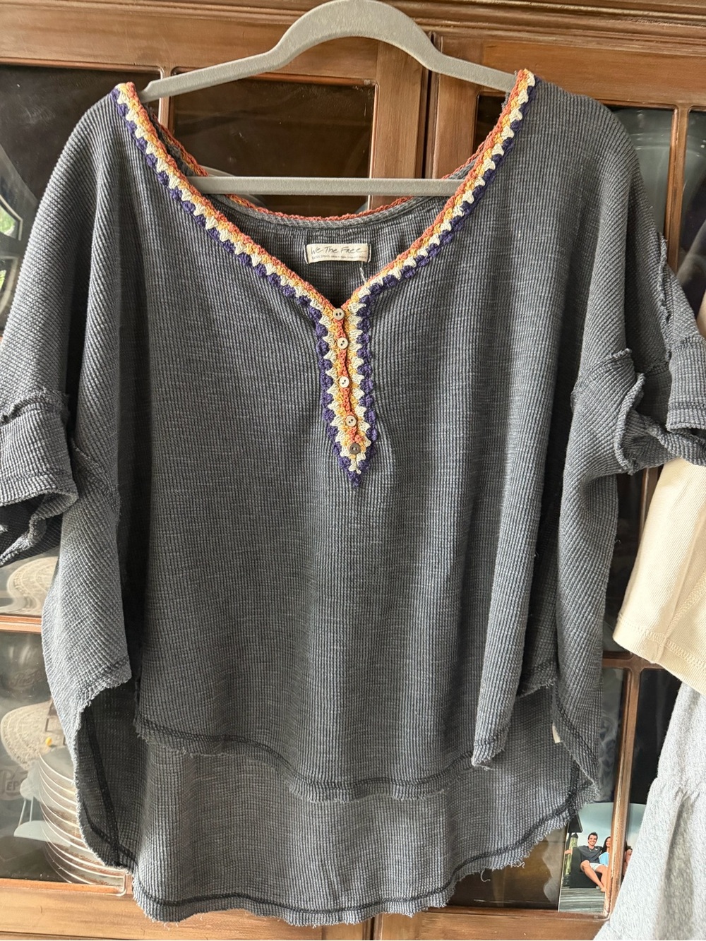 We The Free Charcoal Waffle Knit Tunic with Crochet Trim